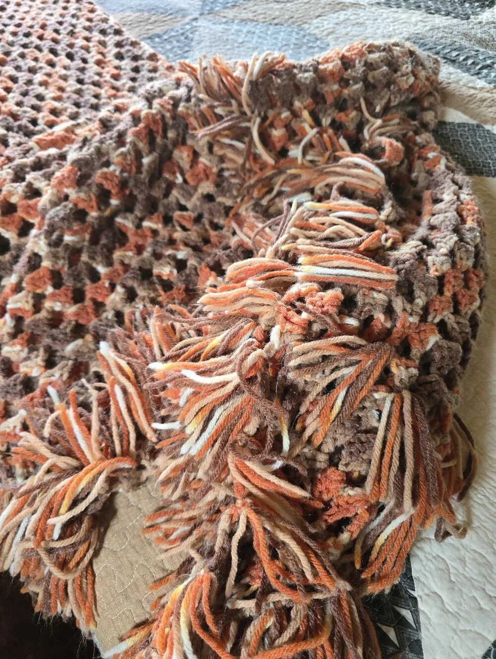 Handmade Rust Orange and Brown Crochet Bedding Blanket King Fringe Boho